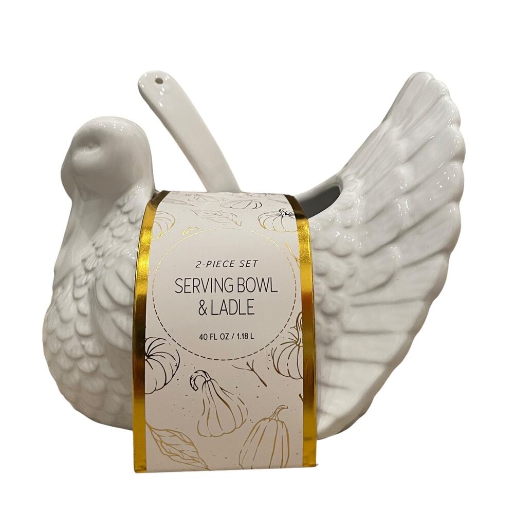 Turkey Shaped Serving Bowl and Ladle 2 Piece Set White 7in New